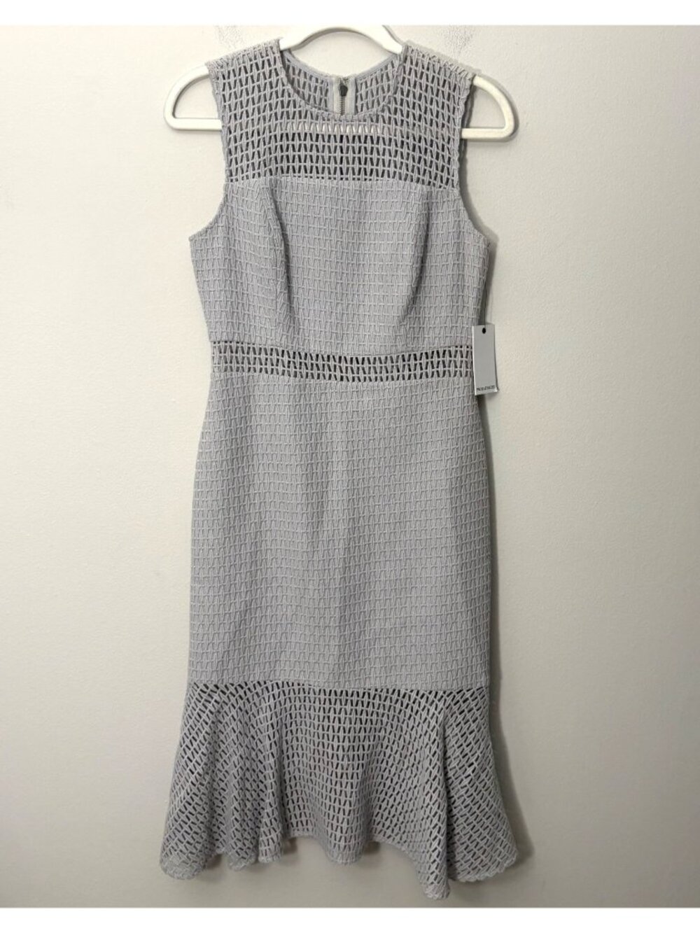 NEW Prose & Poetry Sleeveless Ruffled Eyelet Lace High-Neck Dress Chalk Grey XS